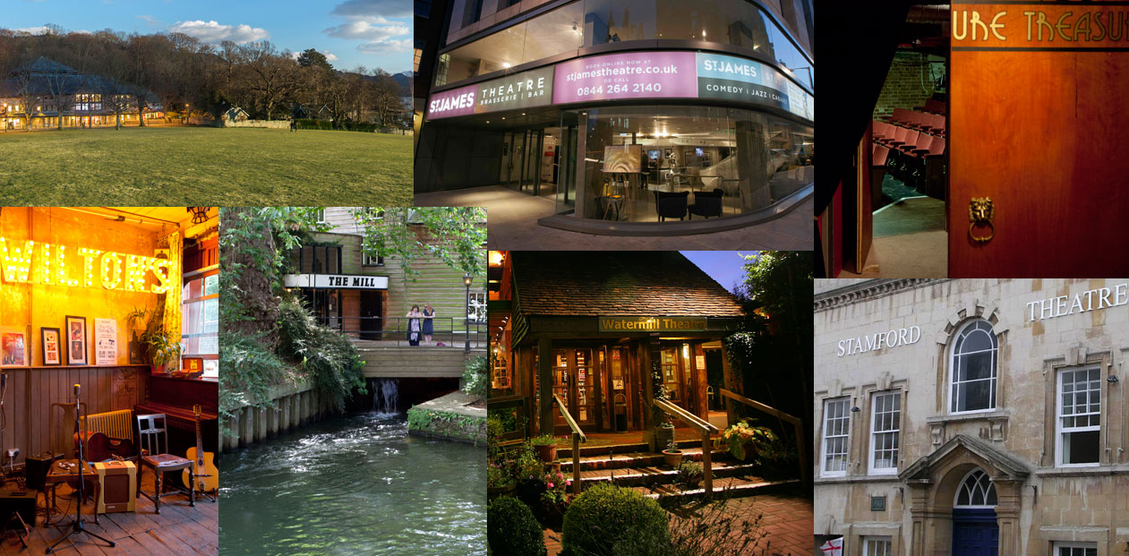 (clockwise from top left) Theatre by the Lake, St James Theatre, Bike Shed Theatre, Stamford Arts Centre, Watermill Theatre, Mill at Sonning and Wilton's Music Hall. Photos: Stuart Holmes/Tom Cronin/Rob Darch/Marketing Dept. at Stamford Arts Centre/Philip Tull/Martin Cook/Stephanie Wolff