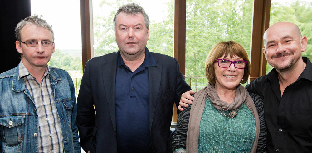 Actor Frankie McCafferty, playwrights Owen McCafferty and Marie Jones, with actor Richard Orr at the launch of Northern Soul, the new season at the Lyric Theatre in Belfast. Photo: Brian Morrison Photography