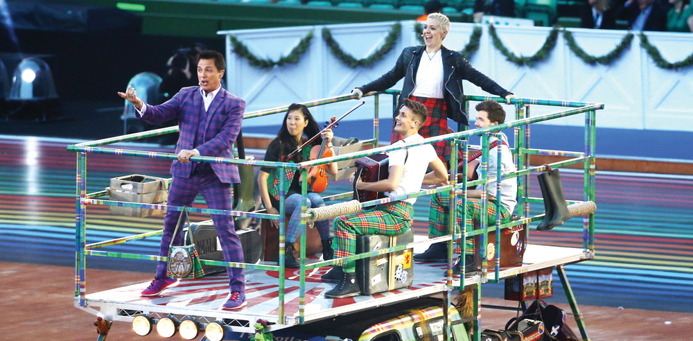 John Barrowman and Karen Dunbar with fellow perfomers during the Opening Ceremony for the Glasgow 2014 Commonwealth Games, broadcast on BBC1. Photo: Getty Images for Glasgow 2014