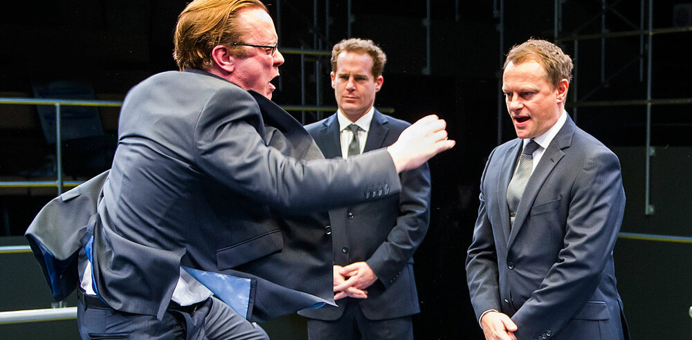 Sam Troughton, Adam James and Neil Stuke in Bull at the Young Vic. Photo: Tristram Kenton