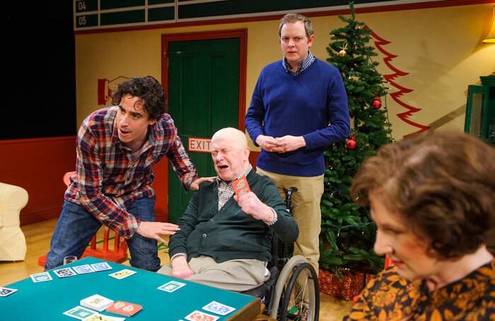 Stephen Mangan, John Rogan, Miles Jupp and Deborah Findlay in Rules For Living at the Dorfman, National Theatre, London. Photo: Tristram Kenton