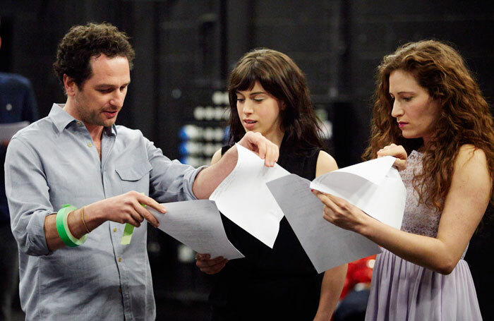Actor Matthew Rhys with students at the Royal Welsh College of Music and Drama. Photo: Oliver Edwards/Ethos Media