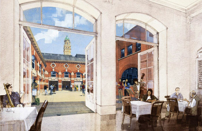 Impression of the new Royal College of Music Piazetta from the cafe in the foyer. Photo: John Simpson Architects
