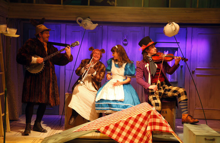 Alex Tomkins, Ed Thorpe, Josie Dunn and Oliver Izod in Alice in Wonderland at the Watermill Theatre, Newbury. Photo: Philip Tull