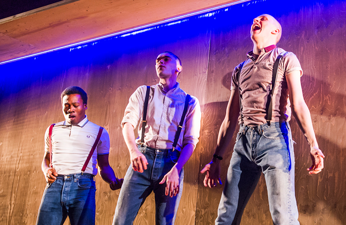 Fisayo Akinade, Brian Vernel and Alex Austin in Barbarians at the Young Vic Theatre. Photo: Tristram Kenton