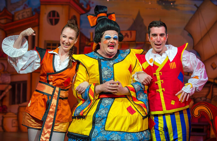 Naomi Bullock, Fred Broom and Matthew Quinn in Aladdin at the Queen's Theatre Hornchurch. Photo: Mark Sepple