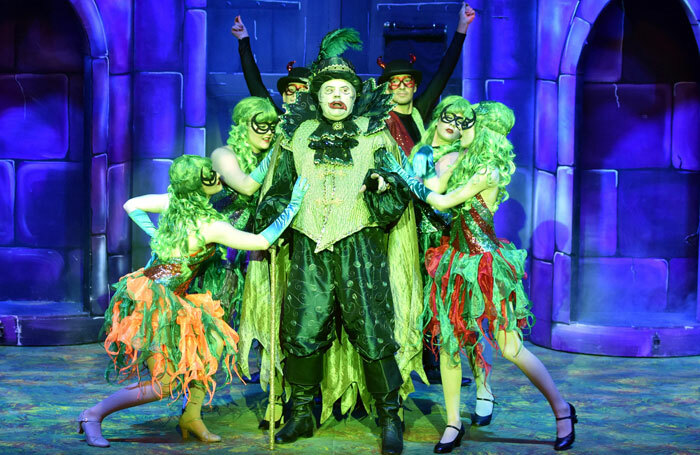 Mark Little (centre) in Jack and the Beanstalk at the Anvil Theatre, Basingstoke. Photo: Sean Dillow