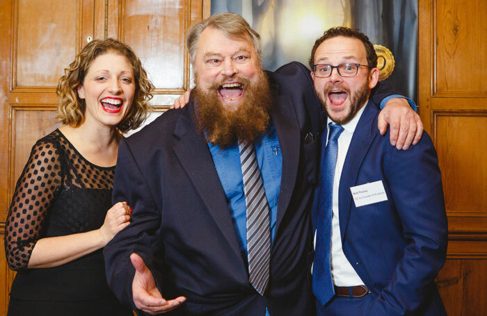 Guildford Shakespeare Company founders Sarah Gobran and Matt Pinches with patron Brian Blessed at GSC's launch. Photo: Matt Pereira