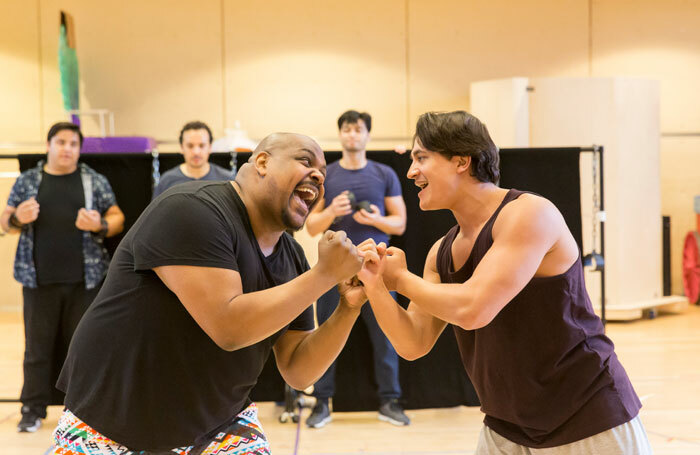 Trevor Dion Nicholas (Genie) and Dean John-Wilson (Aladdin) in rehearsals for Disney's Aladdin. Photo: Johan Persson