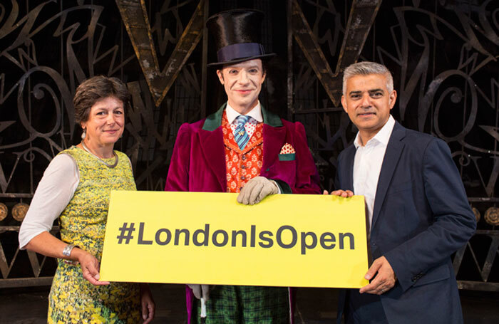 Sadiq Khan with cast members from Charlie and the Chocolate Factory. Photo: Helen Maybanks