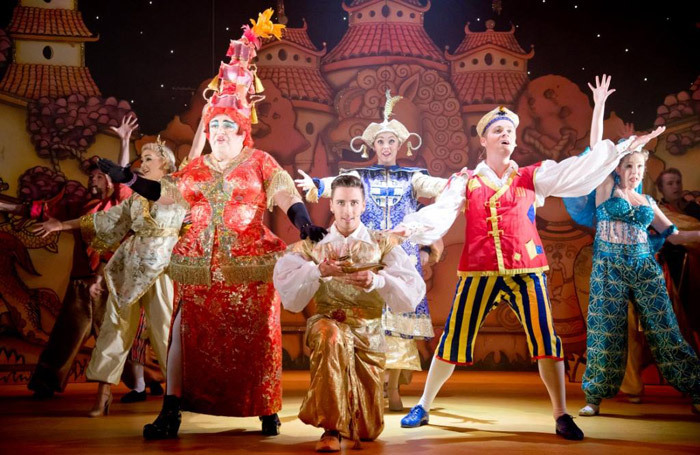 The cast of Aladdin at the Courtyard Theatre, Hereford. Photo: Russell Lewis