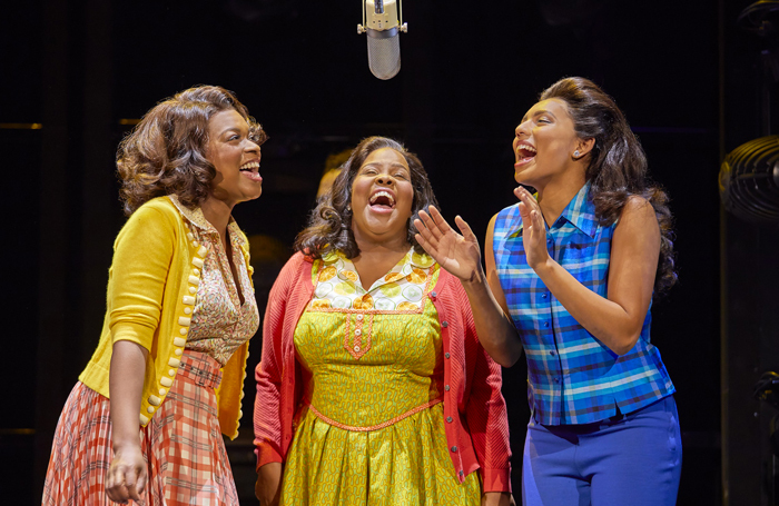 Ibinabo Jack, Amber Riley and Liisi LaFontaine in Dreamgirls at the Savoy Theatre. Photo: Brinkhoff/Moogenburg.jpg