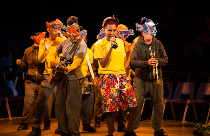 Jade Anouka and the company in The Tempest at King's Cross Theatre, London. Photo: Helen Maybanks