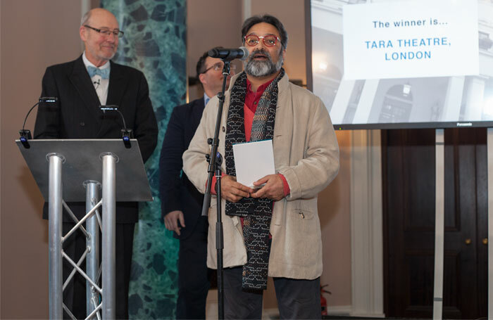 Jatinder Verma, artistic director of Tara Arts, receives the Sustainability Award at The Stage Awards 2017. Photo: Eliza Power