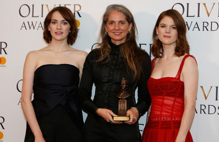 Winner of best set design for Harry Potter and the Cursed Child, Christine Jones (centre) with presenters Charlotte Ritchie and Rose Leslie. Photo: Pamela Raith