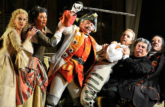 Sarah Tynan, Yvonne Howard, Eleazar Rodriguez, Morgan Pearse and Alan Opie Alastair Miles in The Barber of Seville. Photo: Robbie Jack