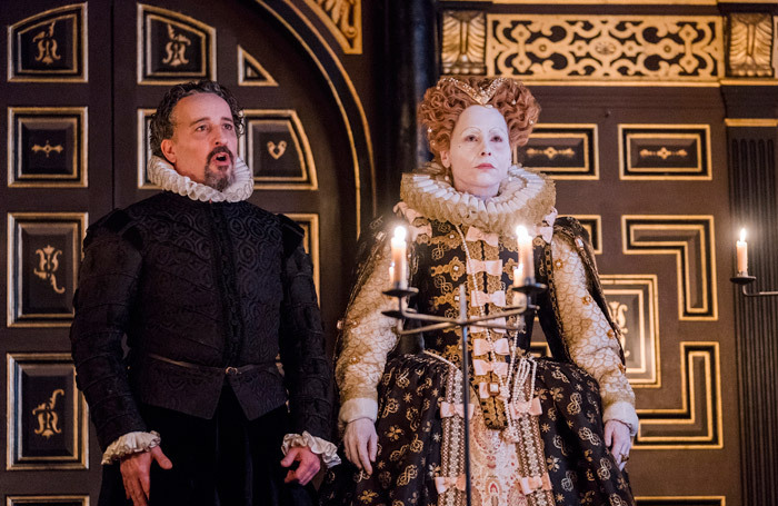Aidan McArdle and Tara Fitzgerald in The Secret Theatre at Sam Wanamaker Playhouse, London. Photo: Tristram Kenton