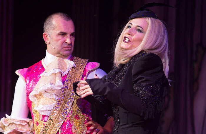 Louie Spence and Michelle Collins in Cinderella at Orchard Theatre, Dartford. Photo: Qdos