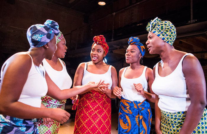 The cast of The Secret Lives of Baba Segi&rsquo;s Wives at the Arcola Theatre, London. Photo: Tristram Kenton