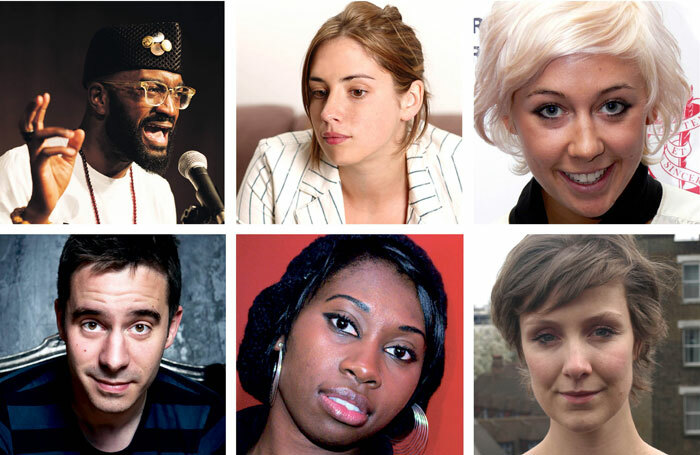 Clockwise from top left: New Royal Society of Literature fellows Inua Ellams, Lucy Prebble, Polly Stenham, Ella Hickson, Bola Agbaje and James Graham. Photographers include: Oliver Holms, Robert Fuller and Richard Davenport