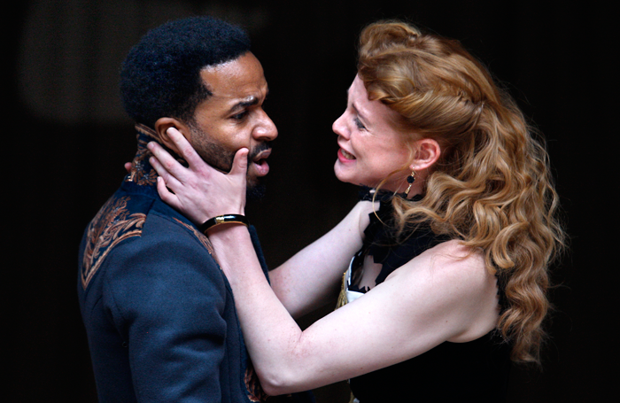 Andre Holland and Jessica Warbeck in Othello at Shakespeare's Globe. Photo: Simon Annand