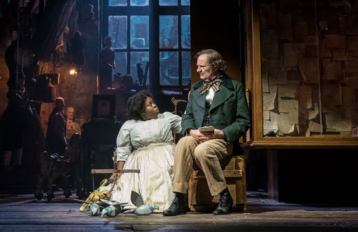 Johnetta EulaMae-Ackles and Jim Broadbent in A Very Very Very Dark Matter at Bridge Theatre, London. Photo: Manuel Harlan
