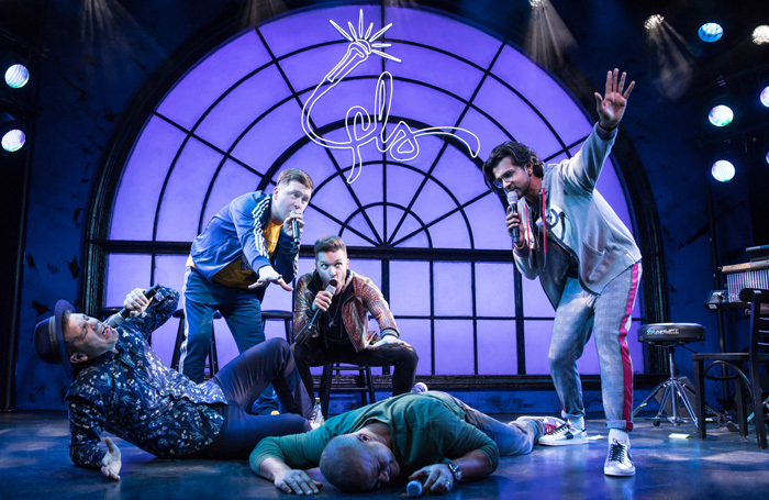 Anthony Veneziale, Chris Sullivan, Andrew Bancroft, Christopher Jackson, and Utkarsh Ambudkar in Freestyle Love Supreme at Greenwich House Theater. Photo: Matthew Murphy