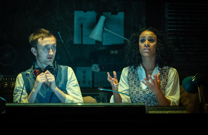 Tom Brooke and Lara Rossi in Berberian Sound Studio at Donmar Warehouse, London. Photo: Marc Brenner