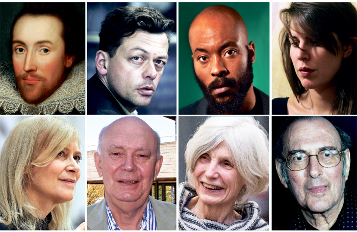 Desert island playwrights? Clockwise from top left: William Shakespeare, Simon Stephens, Arinzé Kene, Alice Birch, Harold Pinter, Caryl Churchill, Alan Ayckbourn and Helen Edmundson. Photos: Bronwen Sharp/Georgina Ower/raymckie/Marc Brenner/John Thaxter/BrinkhoffMoegenburg