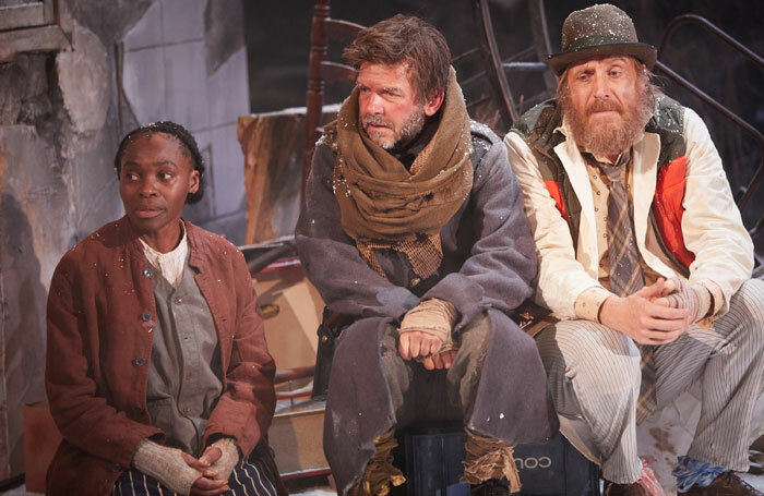 Rakie Ayola, Jason Hughes and Rhys Ifans in On Bear Ridge at Sherman Theatre, Cardiff. Photo: Mark Douet