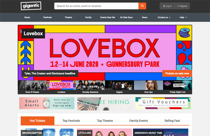 Homepage of ticketing company Gigantic