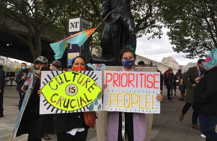 Protesters at the National Theatre on August 29 called for the organisation to rehire original casual workers on better terms when it reopens