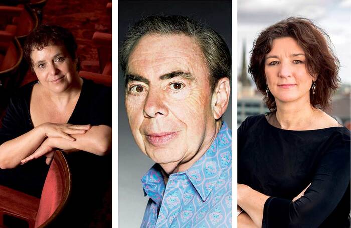 L-r: Nica Burns (photo: Justin Griffiths-Williams), Andrew Lloyd Webber (photo: John Swannell) and Fiona Allan (photo: Pamela Raith)