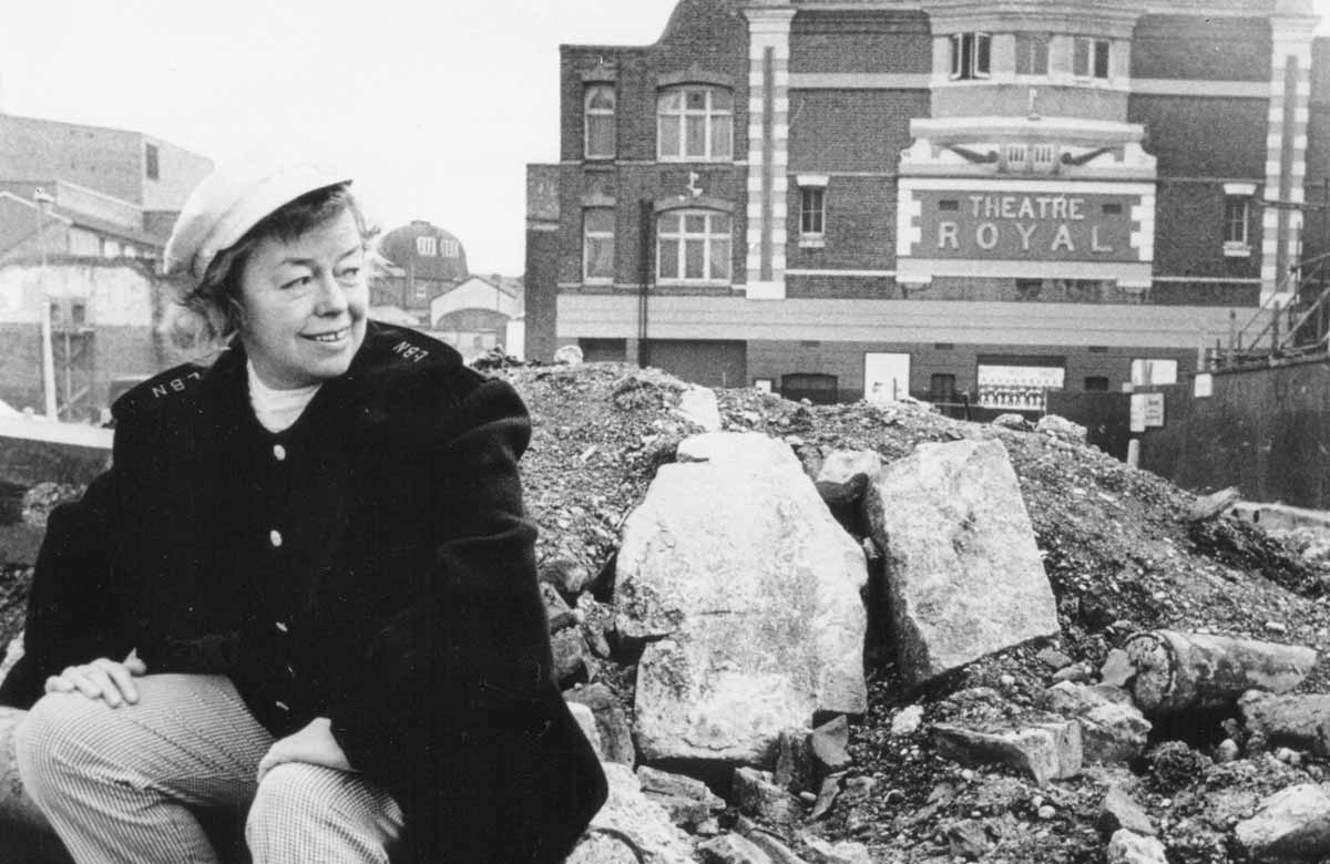 Joan Littlewood outside Theatre Royal Stratford East