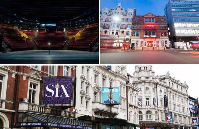 Clockwise from top left: Ghost light at Leeds Playhouse (photo: Helen Murray), London's Royal Court (Photo: Robert Smael), shuttered West End Theatres (photo: Josh Bird)