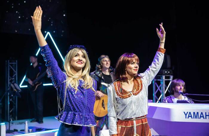 Rhiannon Porter and JoJo Desmond in ABBA Mania at Shaftesbury Theatre, London. Photo: Mark Senior Rhiannon Porter and JoJo Desmond in ABBA Mania at Shaftesbury Theatre, London. Photo: Mark Senior