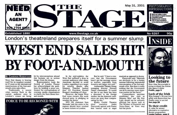 Front page of The Stage, May 31, 2001