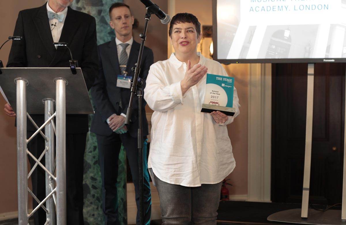 Annemarie Lewis Thomas receiving The Stage award for School of the Year in 2017. Photo: Eliza Power