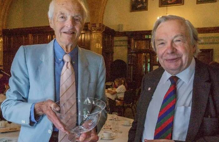 Michael Frayn receiving the Critics' Circle award for services to the arts from critic Michael Billington. Photo: Peter Hogan