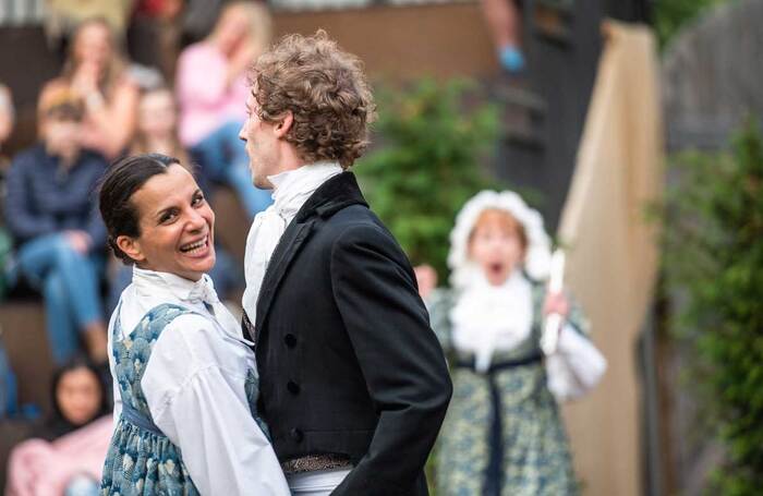 Suzanne Ahmet and Perry Moore in Pride and Prejudice at Grosvenor Park Open Air Theatre. Photo: Ant Clausen Suzanne Ahmet and Perry Moore in Pride and Prejudice at Grosvenor Park Open Air Theatre. Photo: Ant Clausen