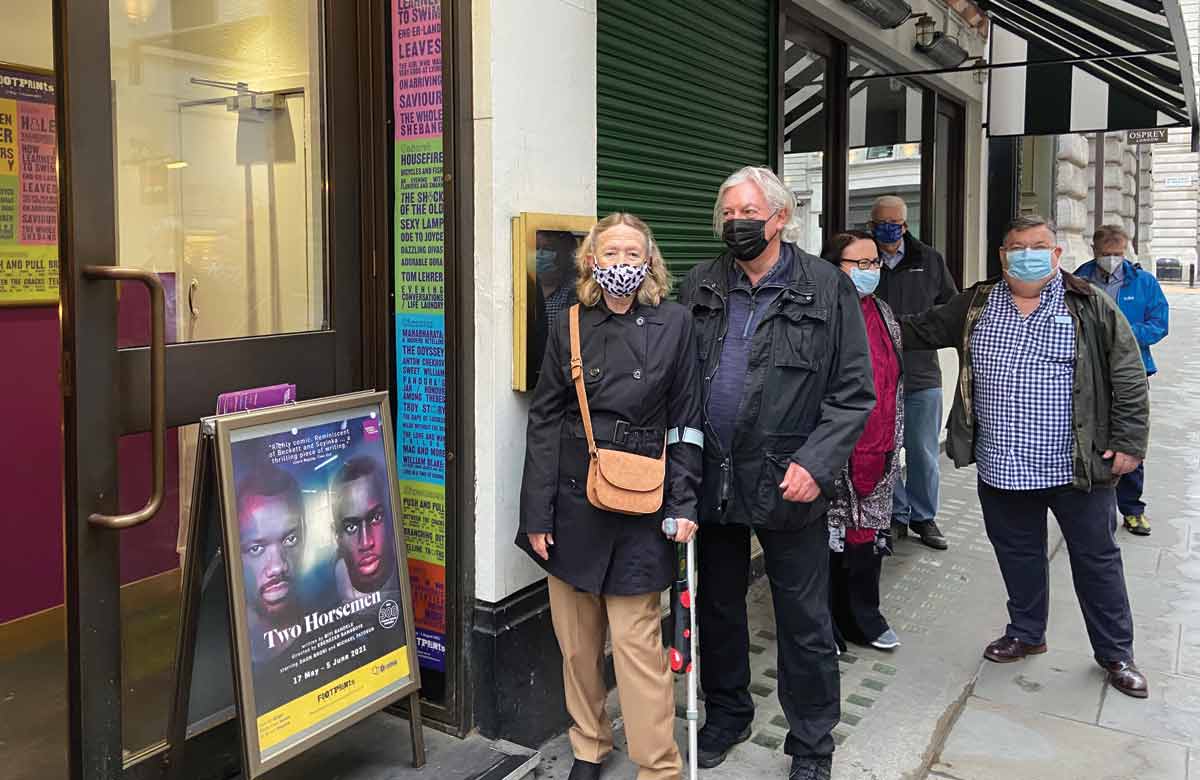 Audiences queue outside Jermyn Street Theatre for Two Horsemen