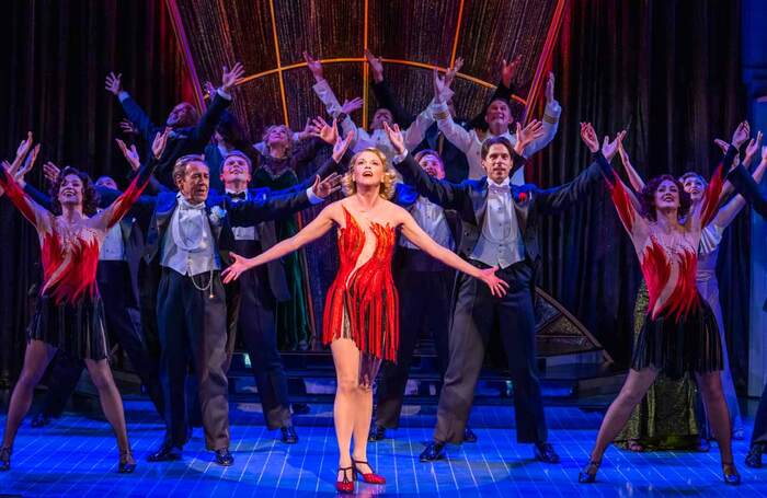 Robert Lindsay, Sutton Foster and Samuel Edwards with the company of Anything Goes at the Barbican Theatre, London in 2021. Photo: Tristram Kenton