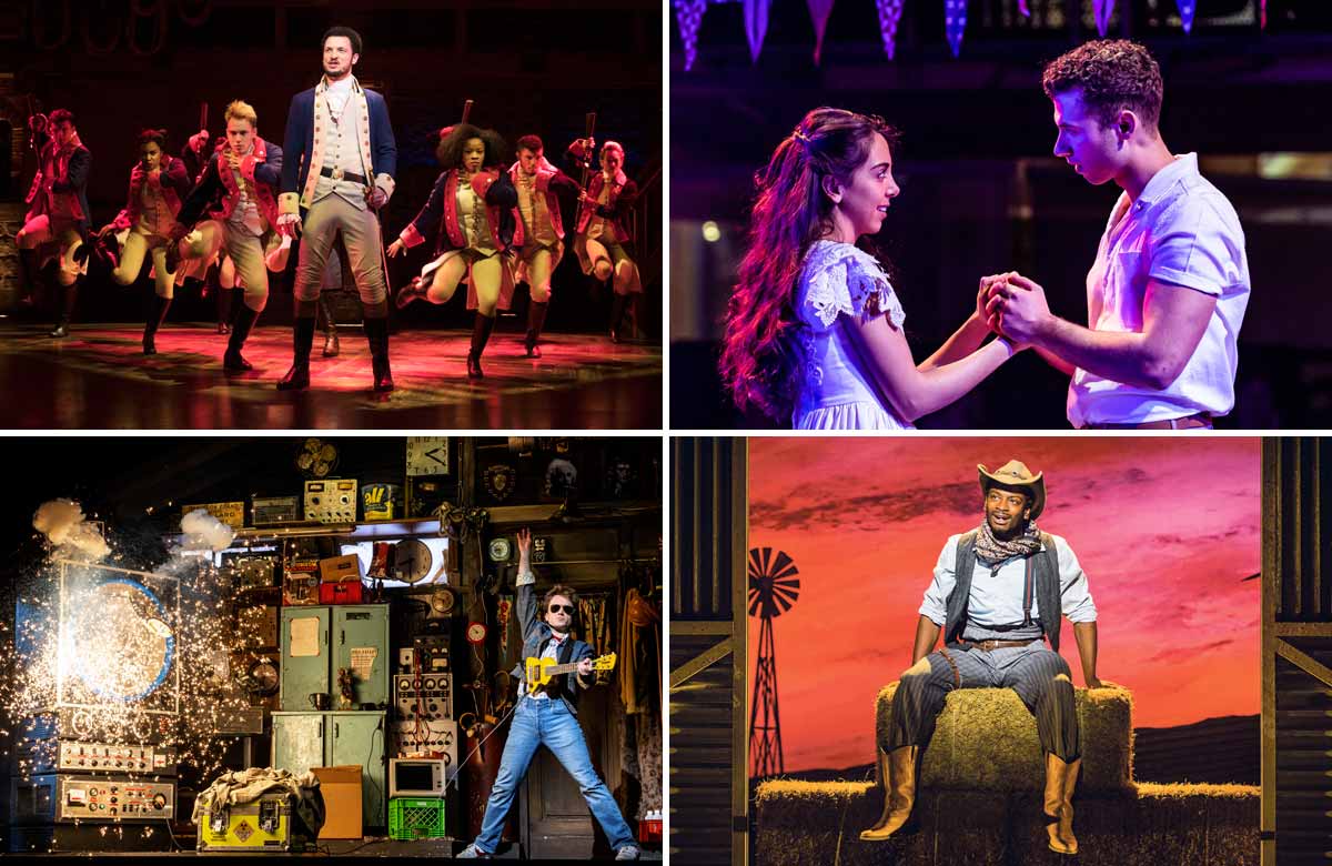 Clockwise from top left: Jamael Westman in Hamilton, Gabriela Garcia and Andy Coxon in West Side Story, Oklahoma! at Grange Park and Olly Dobson in Back to the Future. Photos: Matthew Murphy/The Other Richard/Robert Workman/Sean Ebsworth Barnes