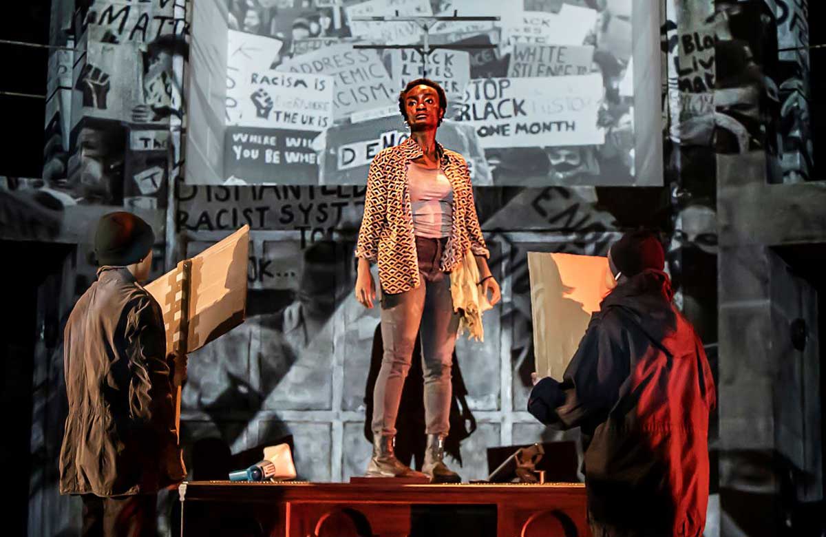 Adeola Yemita and company in Antigone at the Mercury Theatre. Photo: Pamela Raith