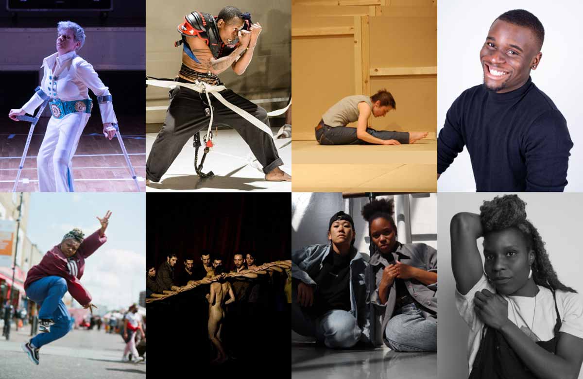 Dance Umbrella Digital, clockwise from top left: Claire Cunningham; Nora Chipaumire; Eddie Ladd; Sonny Nwachukwu; Valerie Ebuwa; Sarah Golding and Yukiko Masui’s SAY; Dmitris Papaioannou’s Nowhere; Jade Hackett