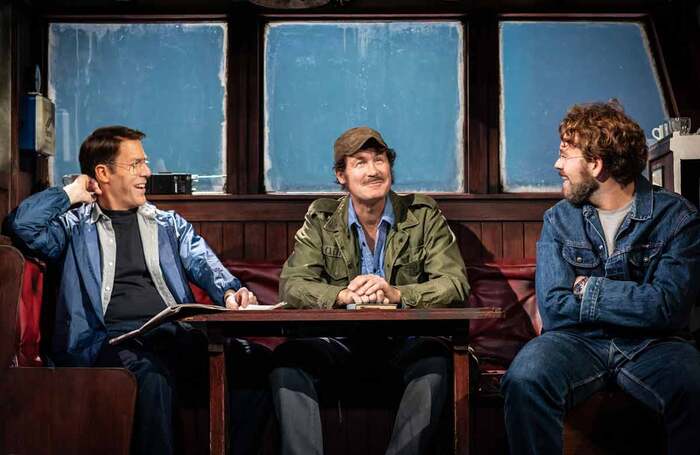Demetri Goritsas, Ian Shaw and Liam Murray Scott in The Shark is Broken at the Ambassadors Theatre. Photo: Helen Maybanks Demetri Goritsas, Ian Shaw and Liam Murray Scott in The Shark is Broken at the Ambassadors Theatre. Photo: Helen Maybanks