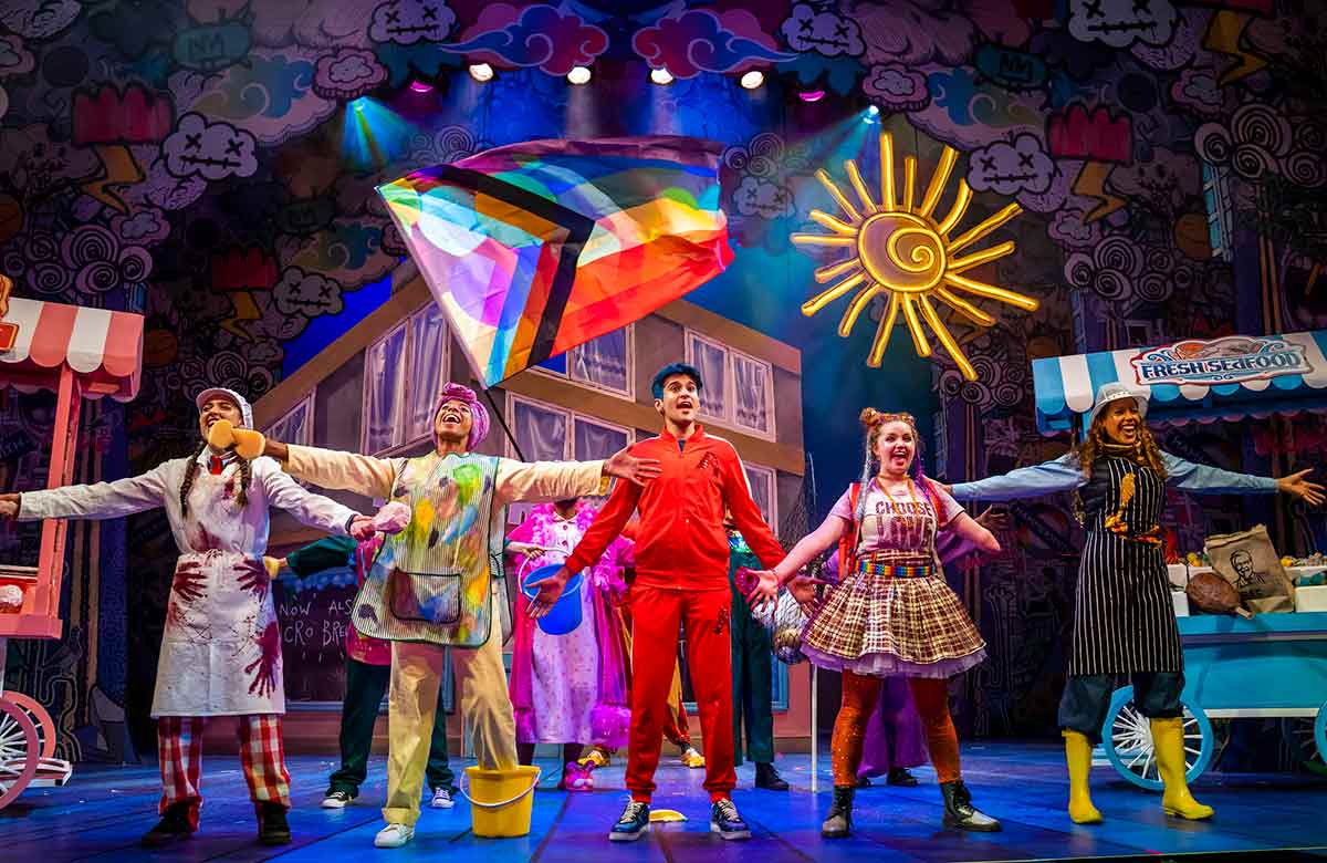 Kane Feagan, Ellena Vincent, Qasim Mahmood, Gracie McGonigal and Carla-Jean Lares in Aladdin at the Lyric Hammersmith. Photo: Tristram Kenton