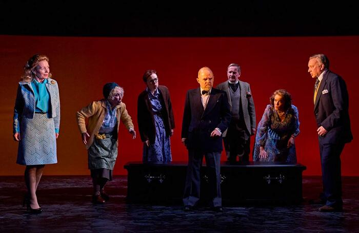 Caroline Langrishe, Ria Jones, Kirsty Besterman,Dan Starkey, Matthew Cottle, Catherine Russell and Jasper Britton in Habeas Corpus. Photo: Manuel Harlan