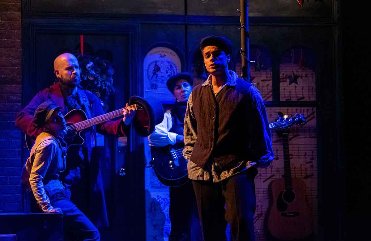 Keshini Misha, Matthew Ganley, Milton Lopes and Liz Jadav in Oliver Twist! at Chester Storyhouse. Photo: Mark McNulty