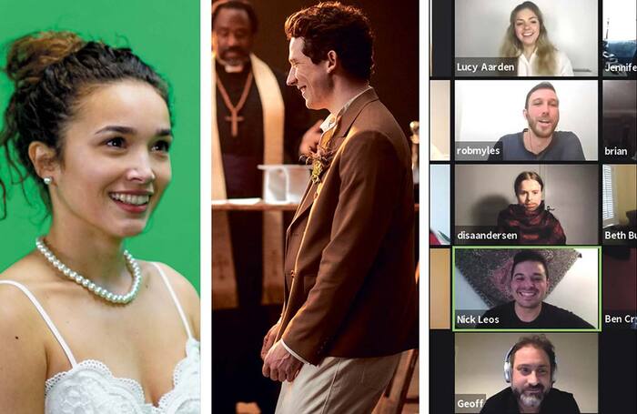 Emily Redpath filming Romeo and Juliet in green screen (photo: Ben Purkiss), Josh O’Connor in the National Theatre’s Romeo and Juliet (photo: Rob Youngson) and assembled cast of a performance by The Show Must Go Online